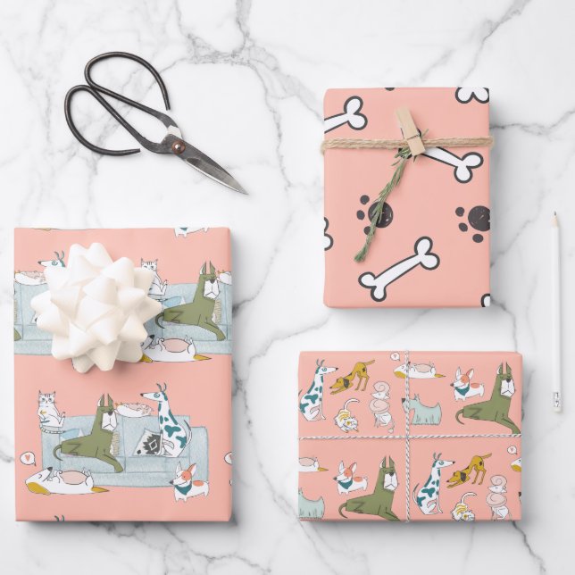 Hunde und Katzen Cartoon Geschenkpapier Set (Vorderseite)