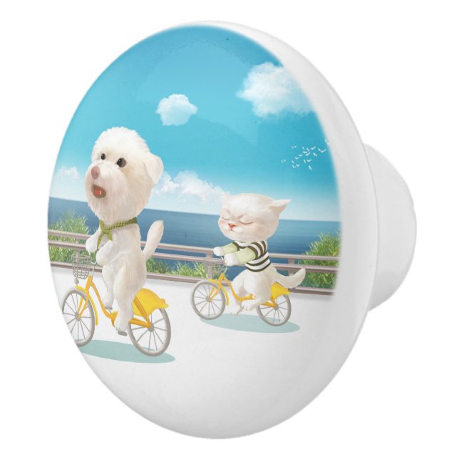 Hunde und Katzen Fahrradfahren am Meer Keramikknauf (Rechts)