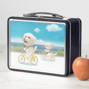 Hunde und Katzen Fahrradfahren am Meer Metall Brotdose