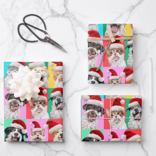 Hunde und Katzen mit Santa Bart Geschenkpapier Set (Vorderseite)