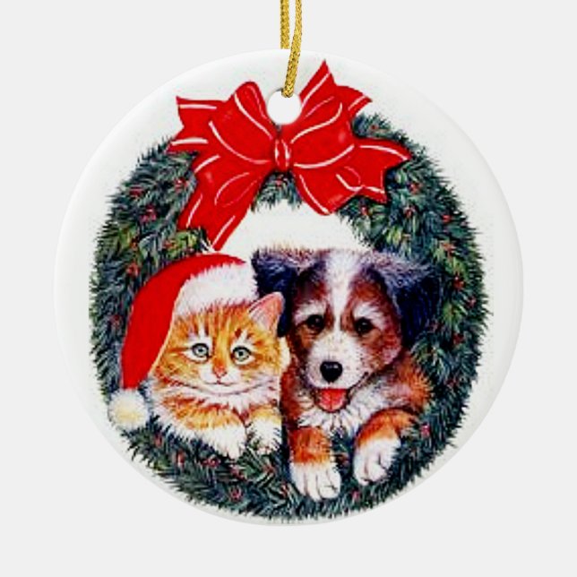 Hunde-und Katzen-Weihnachtsverzierung Keramik Ornament (Vorne)
