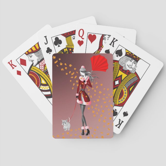 Hunde und Lady Autumn Leaves Spielkarten spielen (Rückseite)
