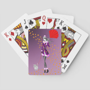 Hunde und Lady Autumn Leaves Spielkarten spielen