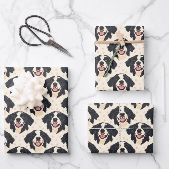 Hunde und Punkte auf Creme Geschenkpapier Set (Vorderseite)