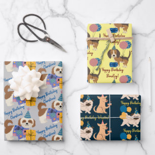 Hunde und Welpen zum Geburtstag mit Geschenken und Geschenkpapier Set