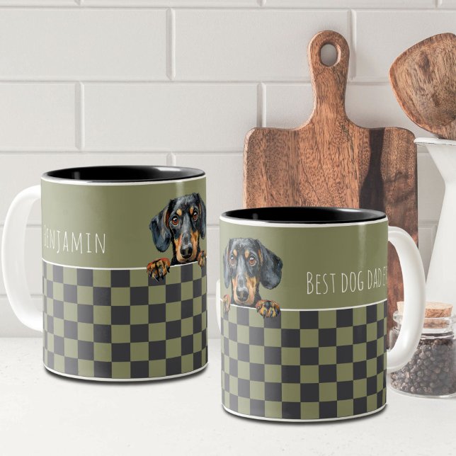 Hunde Vater Olive Dark Gray Checkered Dackel Custo Zweifarbige Tasse (Von Creator hochgeladen)