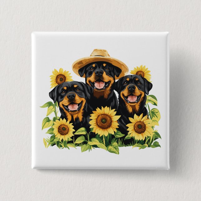 Hunde von Rottweiler, umgeben von Sonnenblumen Button (Vorderseite)