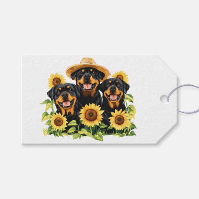 Hunde von Rottweiler, umgeben von Sonnenblumen Geschenkanhänger (Vorderseite (Horizontal))