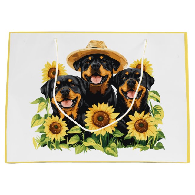 Hunde von Rottweiler, umgeben von Sonnenblumen Große Geschenktüte (Vorderseite)