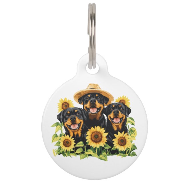 Hunde von Rottweiler, umgeben von Sonnenblumen Haustiermarke (Vorderseite)