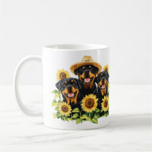 Hunde von Rottweiler, umgeben von Sonnenblumen