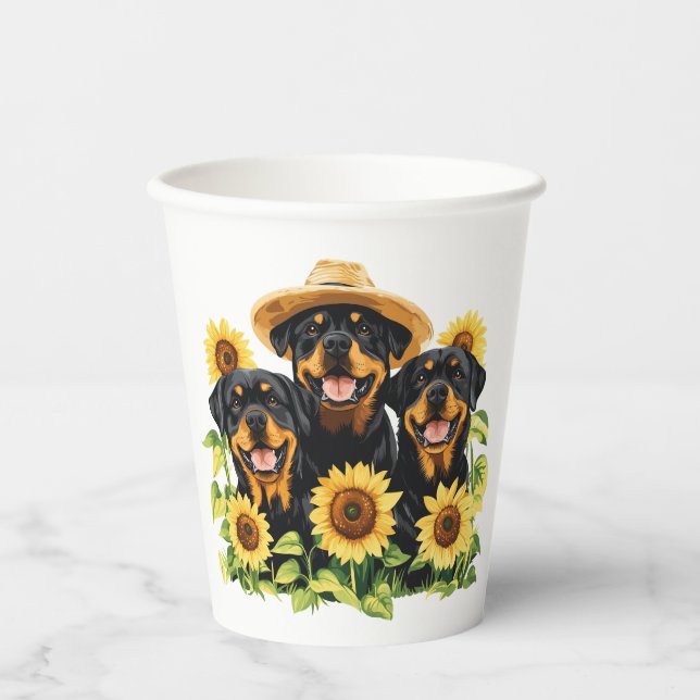 Hunde von Rottweiler, umgeben von Sonnenblumen Pappbecher (Vorderseite)