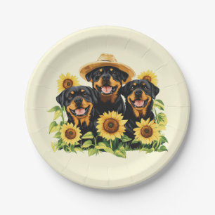 Hunde von Rottweiler, umgeben von Sonnenblumen Pappteller