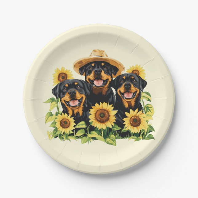 Hunde von Rottweiler, umgeben von Sonnenblumen Pappteller (Vorderseite)