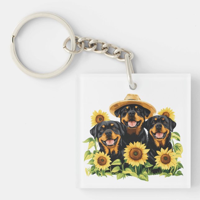Hunde von Rottweiler, umgeben von Sonnenblumen Schlüsselanhänger (Vorderseite)