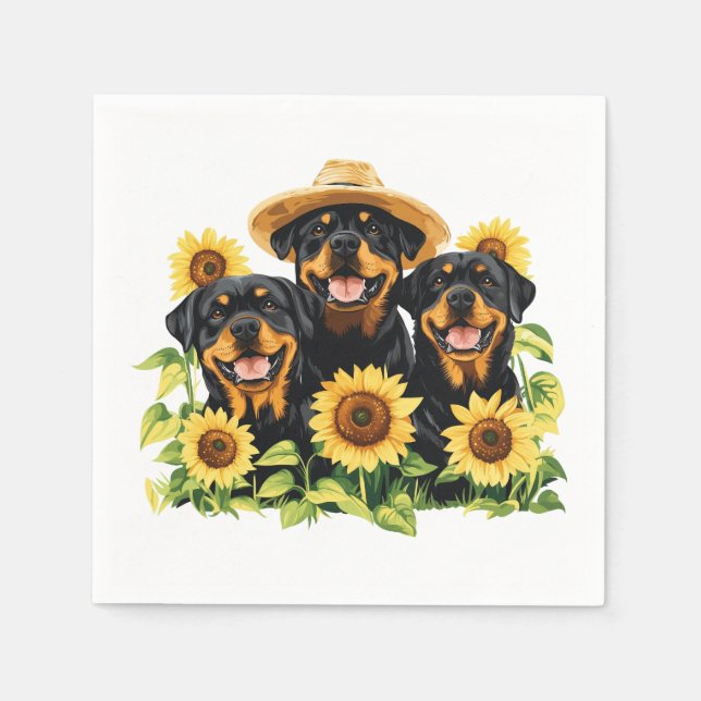 Hunde von Rottweiler, umgeben von Sonnenblumen Serviette (Vorderseite)