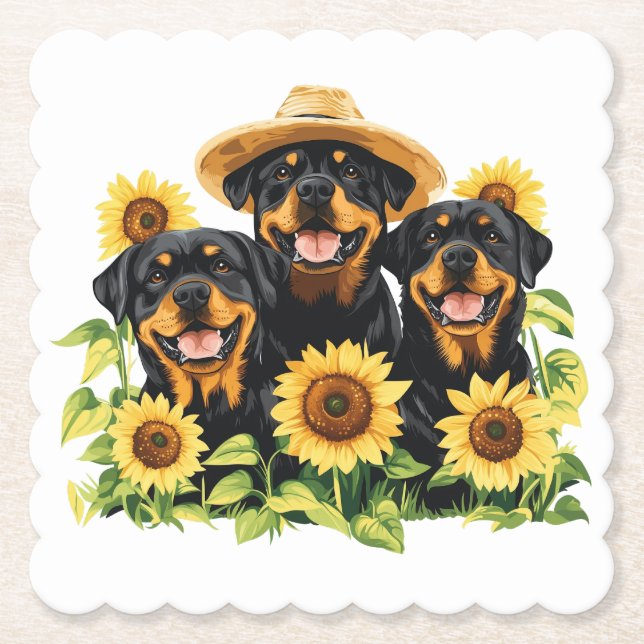 Hunde von Rottweiler, umgeben von Sonnenblumen Untersetzer (Vorderseite)