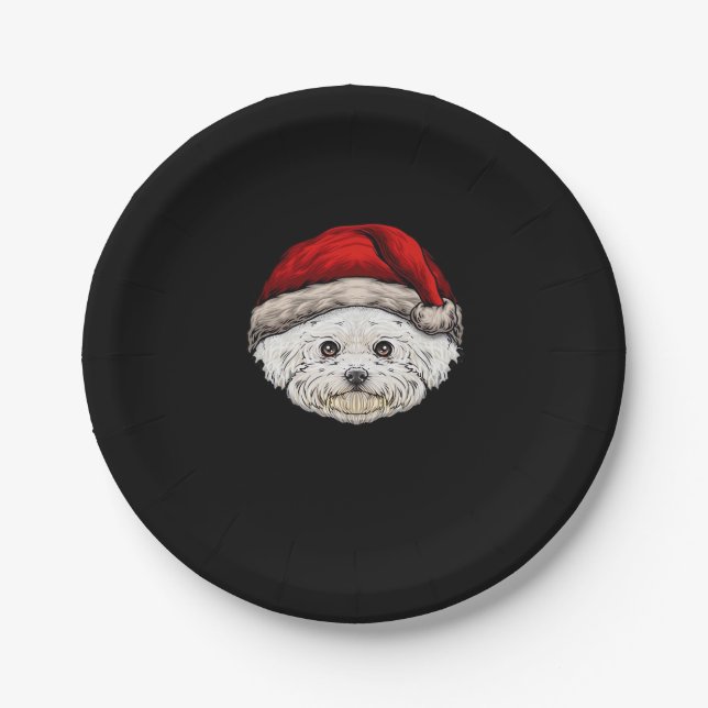 Hunde Weihnachten Bichon Weihnachtsmannmütze auf e Pappteller (Vorderseite)