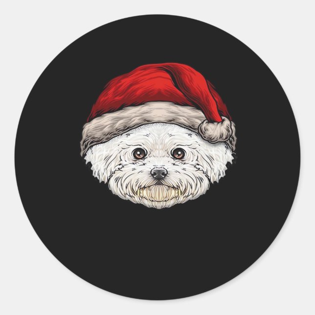 Hunde Weihnachten Bichon Weihnachtsmannmütze auf e Runder Aufkleber (Vorderseite)
