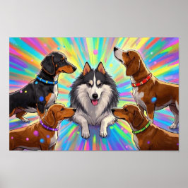 Hunde Welpen mit Regenbogenuntergrund Poster
