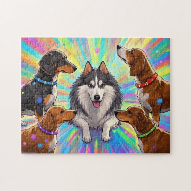 Hunde Welpen mit Regenbogenuntergrund Puzzle (Horizontal)