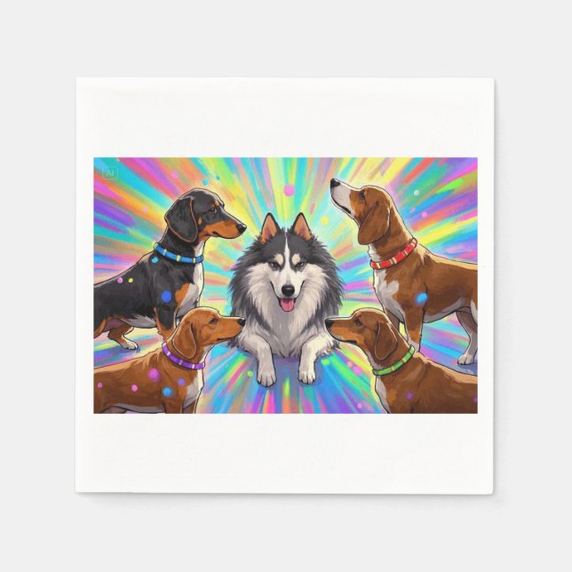 Hunde Welpen mit Regenbogenuntergrund Serviette (Vorderseite)