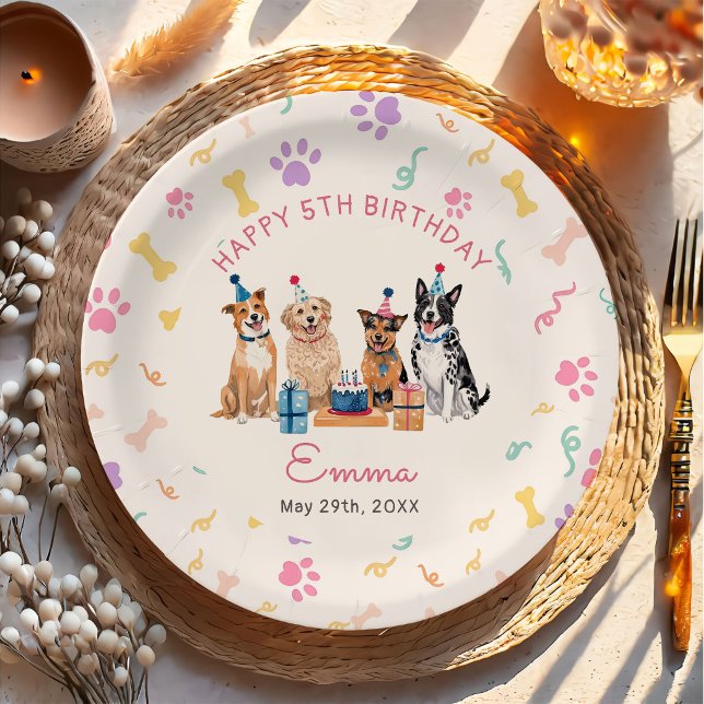 Hunde-Welpen-Rosa-Schleife-Mädchen-Geburtstag-Papi Pappteller (Von Creator hochgeladen)