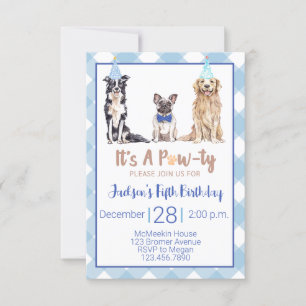 Hunde Welppy Birthday Party Einladung Blue Gingham