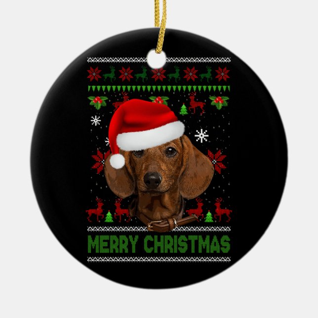 Hunde Xmas Dackel Tragen Weihnachtsmannmütze Ugly  Keramik Ornament (Vorne)