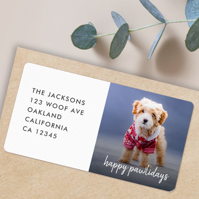Hundebontage | Moderne Niedliche glückliche Welpen Adressaufkleber (Adorable Happy Pawlidays photo labels to celebrate your furry friend with matching holiday cards)