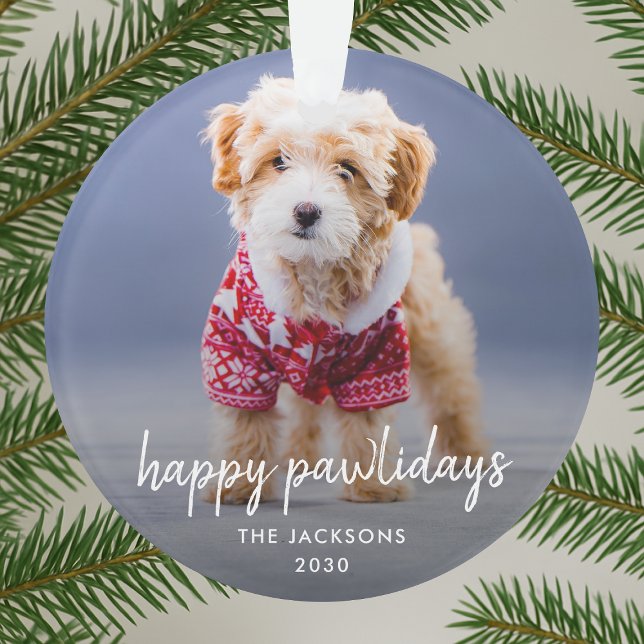 Hundebontage | Moderne Niedliche glückliche Welpen Ornament (Happy Pawlidays acrylic dog photo ornament by Guava, perfect for pet lovers and festive gifting)