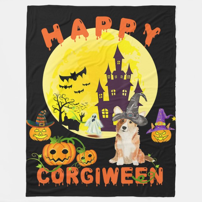 Hundegeschenk | Happy Corgiween Halloween Corgi Fleecedecke (Vorderseite)