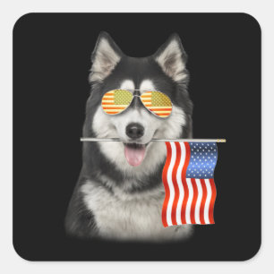 Hundegeschenk   Husky American Flag Geschenke Quadratischer Aufkleber