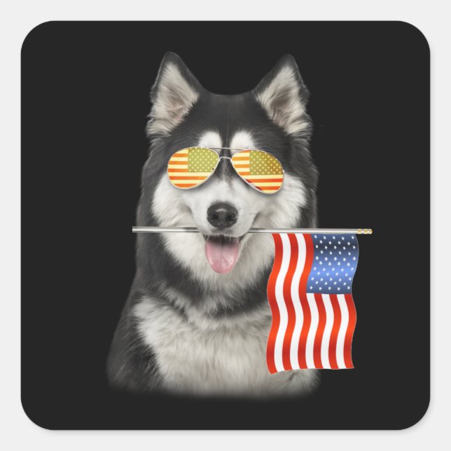 Hundegeschenk | Husky American Flag Geschenke Quadratischer Aufkleber (Vorderseite)