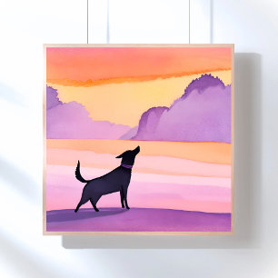 Hundeheulen Schwarze Wasserfarbe-Hundesilhouette Poster