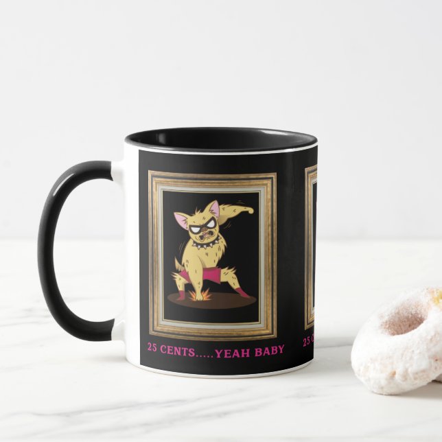 Hundehund zerschmettert Dogecoin Tasse (Mit Donut)