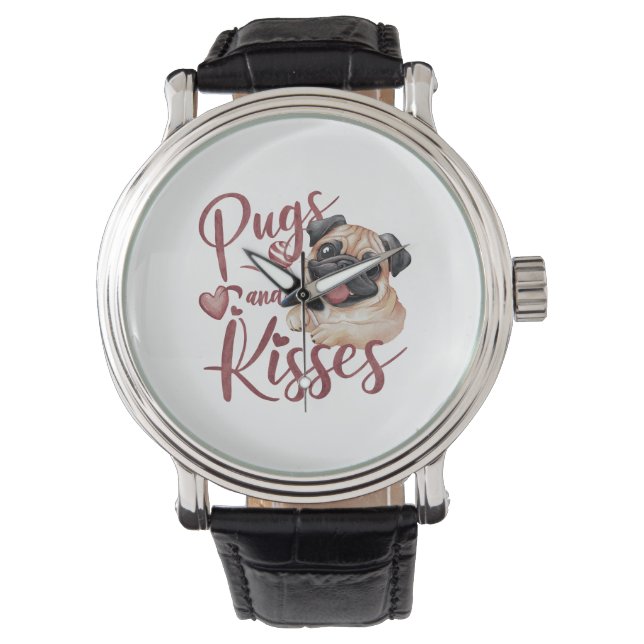 Hundekuss .Pugs & Kisses Watercolor Tee Armbanduhr (Vorderseite)