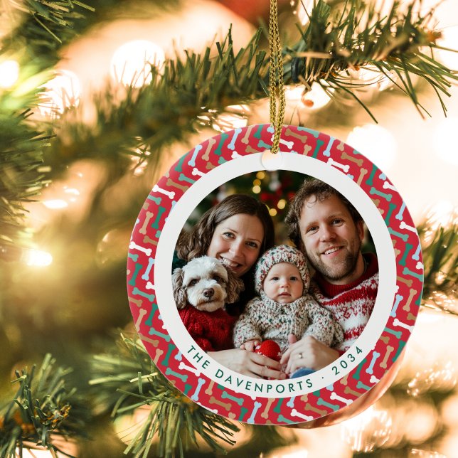 Hundeliebhaber Aquamarines Knochenmuster Foto Keramik Ornament (Red & Teal Bone Pattern Dog Lovers Family Photo Ceramic Ornament)