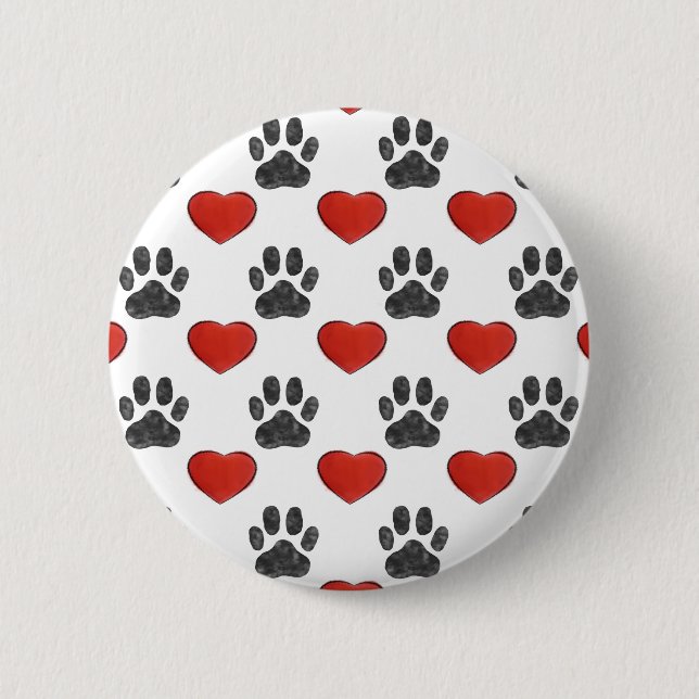 Hundepaws und rotes Herz-Malmuster Button (Vorderseite)