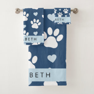 Hundepaws, weiße Paws, blaue Herzen, Ihr Name Badhandtuch Set
