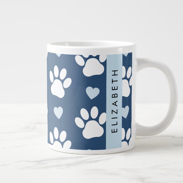 Hundepaws, weiße Paws, blaue Herzen, Ihr Name Jumbo-Tasse (Rechts)
