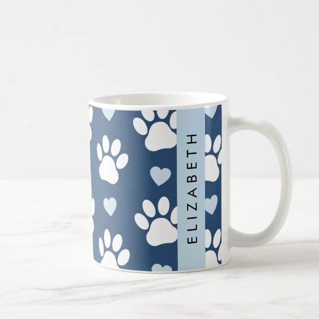 Hundepaws, weiße Paws, blaue Herzen, Ihr Name Kaffeetasse (Rechts)