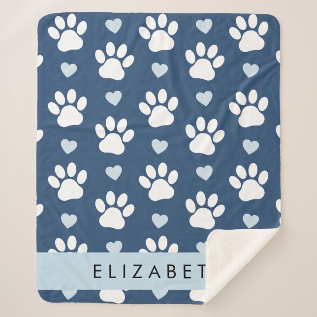 Hundepaws, weiße Paws, blaue Herzen, Ihr Name Sherpadecke (Vorderseite)