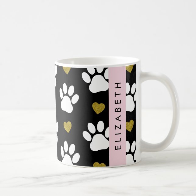Hundepaws, weiße Paws, goldene Herzen, Ihr Name Kaffeetasse (Rechts)