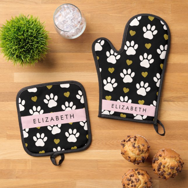 Hundepaws, weiße Paws, goldene Herzen, Ihr Name Ofenhandschuh & Topflappen-Set (Oben Unten)