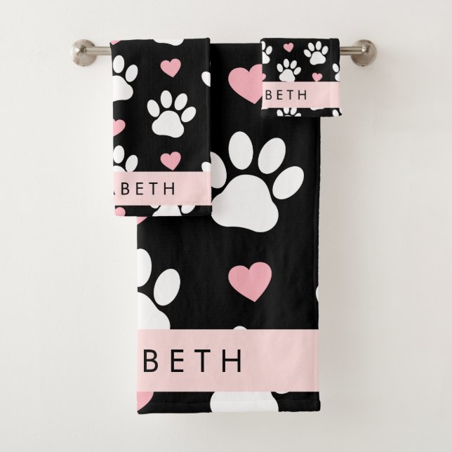 Hundepaws, weiße Paws, rosa Herzen, Ihr Name Badhandtuch Set (Insitu)