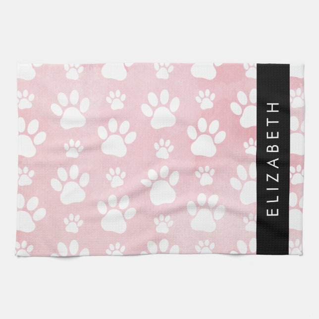 Hundepaws, weiße Paws, rosa Wasserfarben, Ihr Name Geschirrtuch (Horizontal)