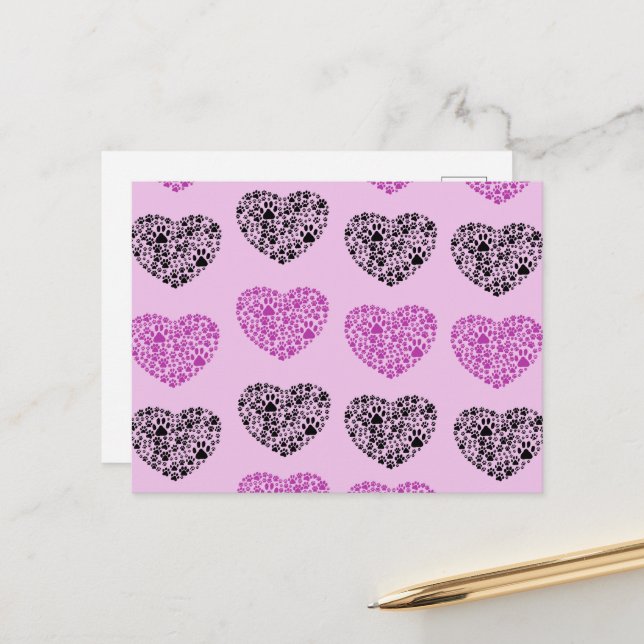 Hundepfähle, Trails, Pfotendrucke, Herz - Schwarz  Postkarte (Vorderseite/Rückseite Beispiel)