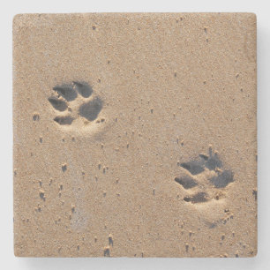 Hundepfotenabdrücke auf einem Sandstrand Steinuntersetzer