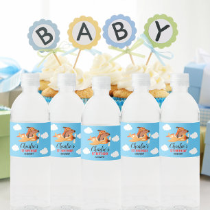 Hundepilotin Flug Flugzeug, Niedliche Kinder Blaue Wasserflaschenetikett